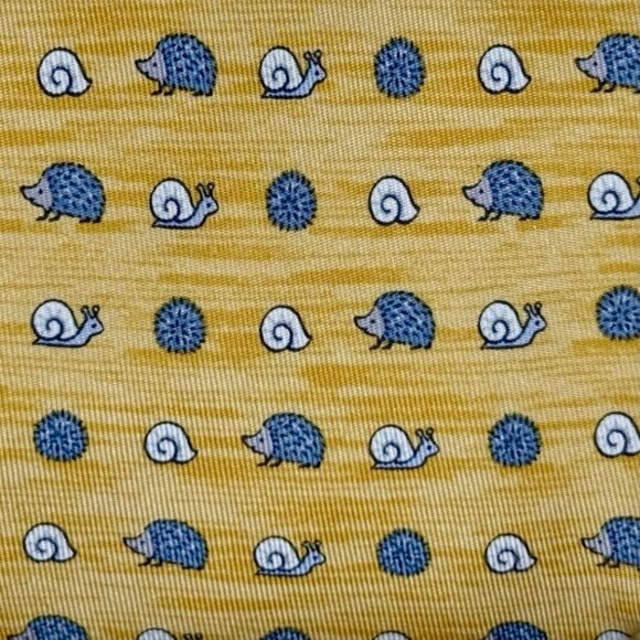 FUN HERMES TIE ~ YELLOW w/ WHIMSICAL PLAYFUL LIGHT BLUE HEDGEHOGS & SNAILS XL - Picture 1 of 5